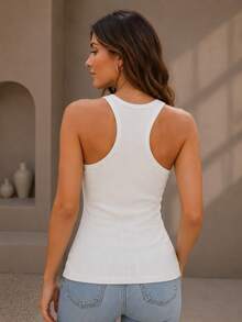 Cotton Ribbed Racerback Tank Top - ホワイト - チェックする 3