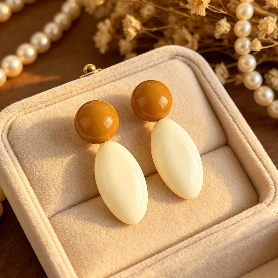 COINBUFF Maillard Vintage Colorblock Resin Long Earrings, Round Olive Water Drop Dangle Stud Earrings, Versatile Commuter Earrings For Women - As Shown - View 1