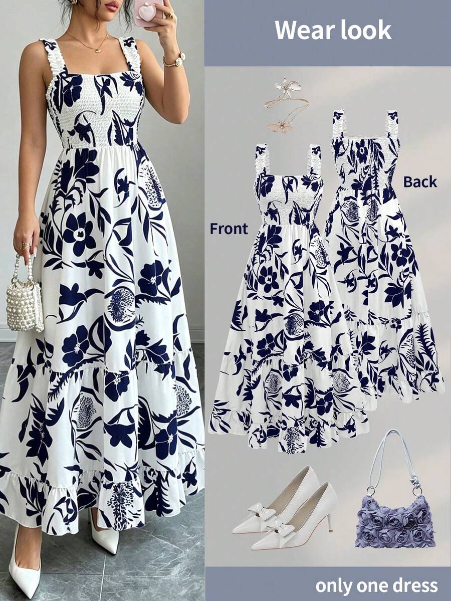 Đầm maxi dài in họa tiết, dây mảnh, thích hợp cho kỳ nghỉ hè, dành cho nữ, kiểu dáng thanh lịch. - Màu xanh hải quân - Xem 1