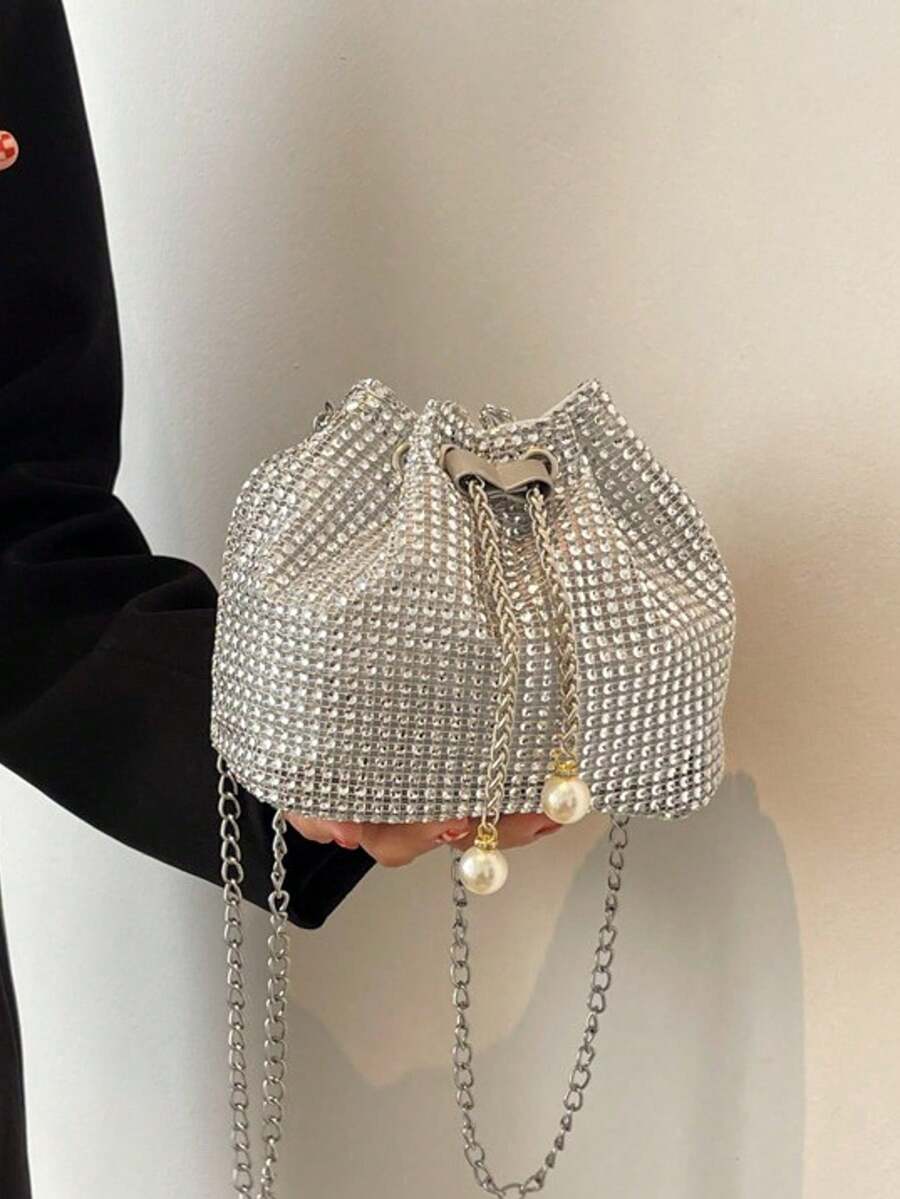 1pc Fashion Solid Color Chain Strap Mini Bucket Crossbody Bag, Silver Rhinestone Elegant Party Style Glossy Pearl Metal Chain - Silver - View 1