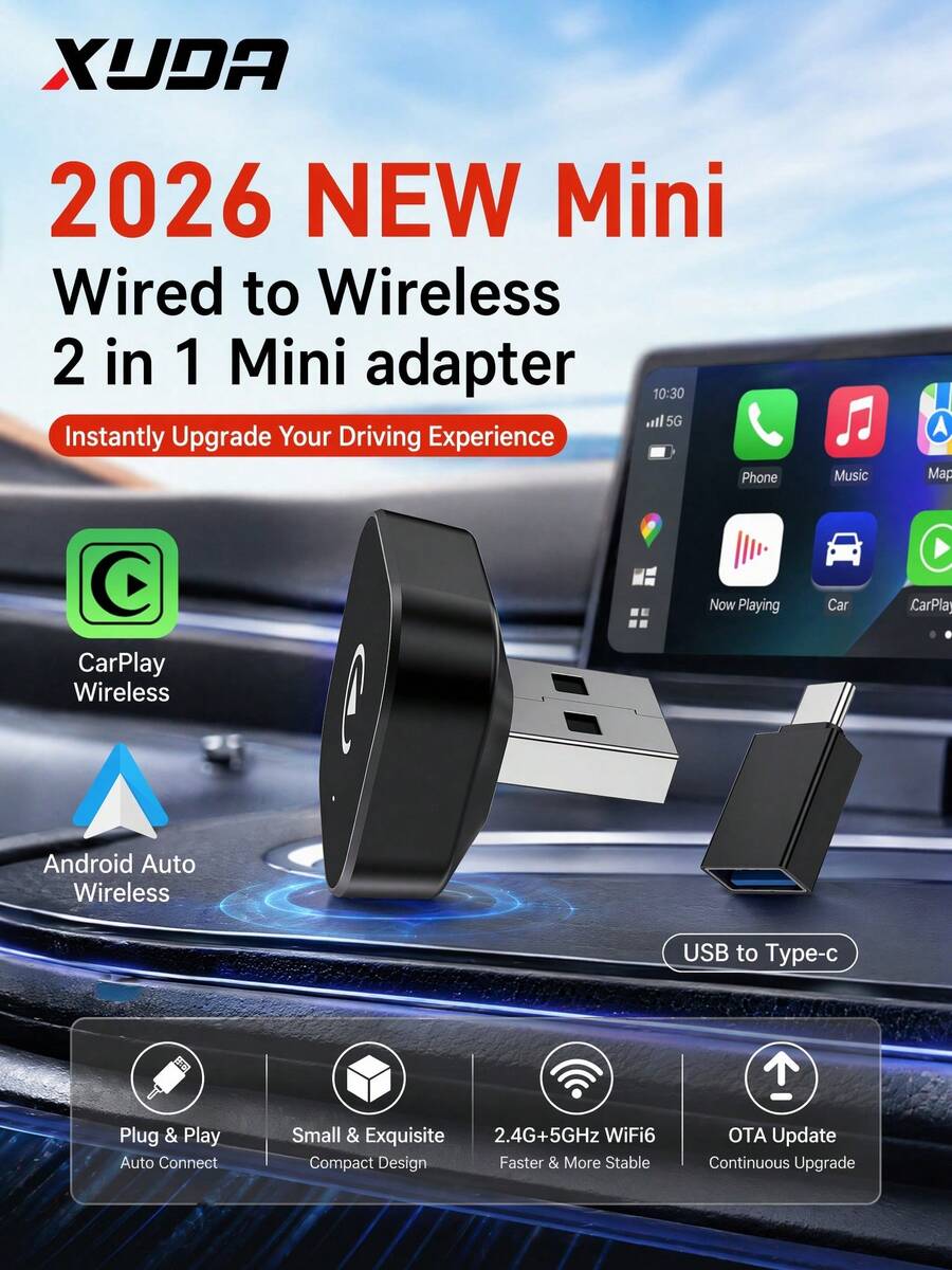 2026新款 XUDA 二合一無線 CarPlay / Android Auto 超迷你適配器,2.4-5.0 GHz WiFi6 Carplay 轉換器,有線轉無線,快速自動連接智能盒,無延遲,緊湊設計,時尚便攜,小巧精緻,配備 USB/USB-C 接口,無電池 - B - 查看 1