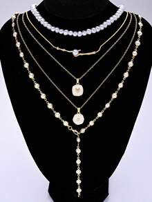 5pcs Fashionable Minimalist Elegant Heart-Shaped Oil Drop Pendant Gold Necklace Set, Y-Shaped Chain, Multi-Layered Stackable, Women's Summer Beach Vacation Date Party Holiday Birthday Gift For Girlfriend, Mom, Friend, Wife, Daily Versatile - Yellow Gold - View 3