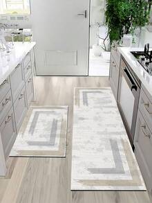 1pc Wabi-Sabi Line Pattern Absorbent Kitchen Mat, Suitable For Kitchen, Living Room Carpet, Non-Slip Bathroom Mat, Laundry Room, Bedroom, Indoor/Outdoor, Office, Lobby, Door Mat, Area Rug, Holiday Decor, Hallway Carpet, Study And Gaming - Light Grey - View 5