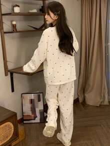 2pcs/Set Women's Pajamas Loungewear Set, Fashionable Open Front Cute Bear Head Pattern Print Long Sleeve Long Pants, Suitable For All Seasons - Champagne - View 2