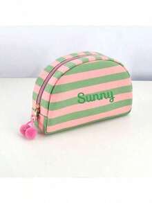 (Custom Embroidery) 1PC New Striped Shell Toiletry Bag, Fresh Macaron Color, With Zipper And Personalized Custom Makeup Bag, Portable Toiletry Storage Bag For Travel, Random Color Pom Pom Design, Cute Gift For Family, Friends, Birthday, Holiday Essential - Multicolor - View 4