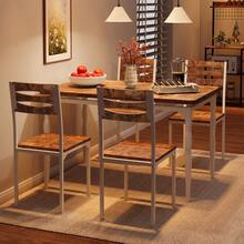 Conjunto de comedor industrial 5 piezas – Mesa rectangular y 4 sillas – Diseño compacto y moderno – Ideal para espacios pequeños en comedor, cocina o apartamento - Marrón - Ver 2