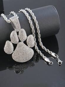 Men's Rhinestone Dog Paw Print Pendant Necklace, Full Rhinestone Cuban Chain Hip Hop Shiny Streetwear Jewelry, Gold & Silver - Dog Paw Pendant Necklace - View 19