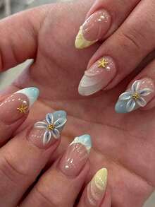 24pcs Short Almond Shaped Fake Nails, Blue French Water Ripple, Yellow Mermaid 3D Flower, Gold Starfish And Other Cute Patterns, Acrylic Material, Press-On Nails, Suitable For Women's Daily, Dating, Party And Other Occasions - Multicolor - View 2