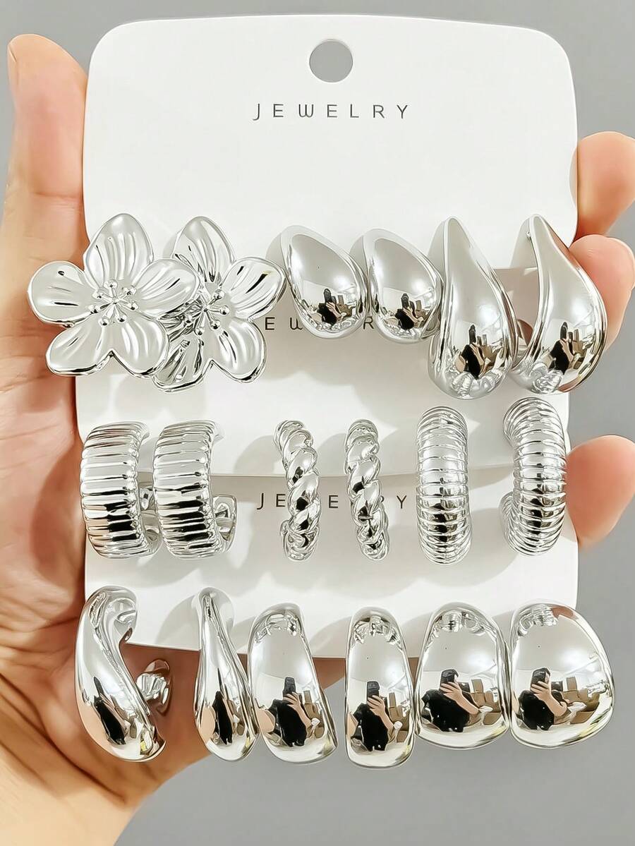 6-24 piezas de pendientes elegantes y a la moda, conjunto de pendientes geométricos multi-plateados, conjunto de pendientes de moda para mujer, uso diario, conjunto de pendientes chapados en plata sin decoloración y de baja alergia - Plateado - Ver 1