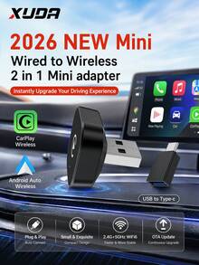 2026新款 XUDA 二合一無線 CarPlay / Android Auto 超迷你適配器，2.4-5.0 GHz WiFi6 Carplay 轉換器，有線轉無線，快速自動連接智能盒，無延遲，緊湊設計，時尚便攜，小巧精緻，配備 USB/USB-C 接口，無電池 - B - 查看 2