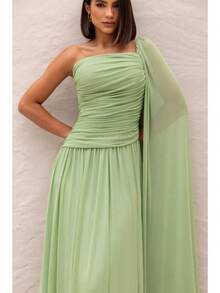 Long, One-Shoulder Party Dress In Dark Nude, Flowing Style, For Bridesmaids/Dates/Graduations/Guests. - Mint Green - View 3