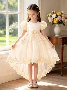 Vestido de niña de flores con mangas abullonadas, apliques de cuentas y cola de tul color champán, adecuado para recital de piano y fiesta de noche, con perlas falsas incrustadas al azar, diadema no incluida - Champán - Ver 3
