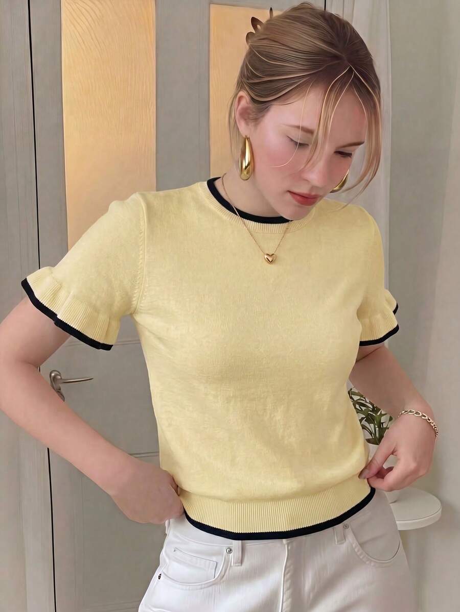 2026 Spring/Summer New Arrival Black & White Contrast Ruffle Trim Knit Shirt, Gentle Style Women Short Sleeve Top, Versatile For Work & Travel Yellow - Yellow - View 1