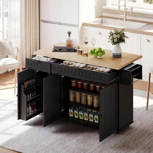 Kitchen Island With Fold-Down Worktop, Kitchen Cabinet On 6 Lockable Casters, With Storage Shelf - 黑色 - 查看 1