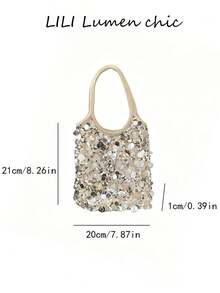 Silver Mixed Sequin Mesh Shoulder Bag With Thin Double Shoulder Straps, Featuring Asymmetrical Large Round Sequin Patchwork. Shiny Reflective Sequins Sparkle Under Light, Compact Capacity Can Hold Lipstick, Earphones And Coins, Sweet And Sparkling Design Is Ideal For Nightclub, Dinner Date And Party Outfits. - Beige - View 5
