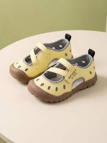 1 Pair 2026 New Children's Sandals, Full-Body Breathable Round Hole Hollow Decor, Soft PU Round Toe Double Cross Magic Tape Low-Top Closed-Toe Sandals, Flat Sole, Outdoor Functional Style Kids Water Shoes For Summer Water Play And Daily Wear - Yellow - View 4