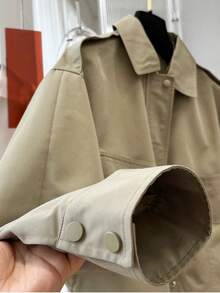 Women's Autumn Vintage Turn-Down Collar Short Flight Jacket With Zipper Pockets, Spring Long Sleeve Outerwear - Khaki - View 5