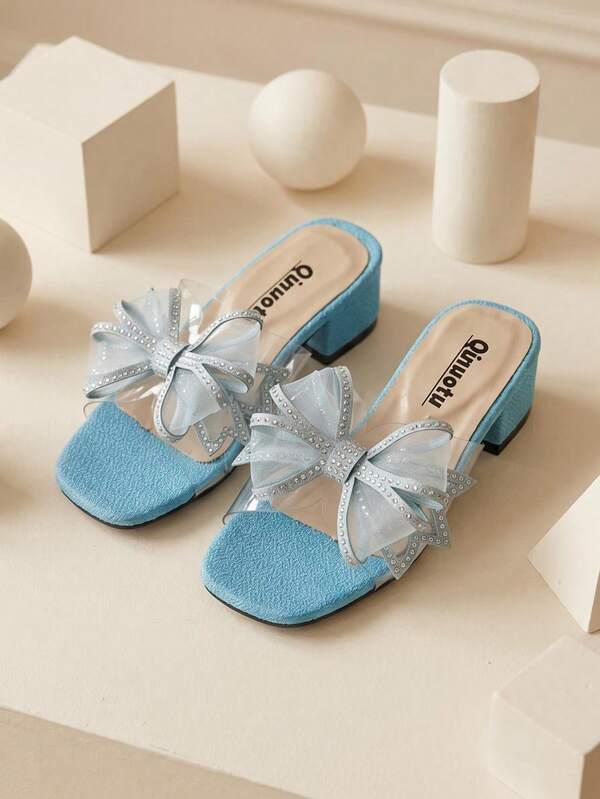 1 Pair 2026 New Summer Girls' High Heel Slippers, Blue, Rhinestone Bow Mesh Decor, Transparent Slip-On Style, Sweet & Cool Girl Style, Suitable For Home Leisure, Shopping Outings And Vacation Outfits