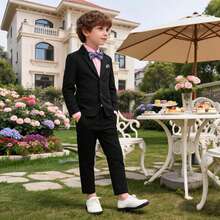 3pcs Kids Gentleman Suit Set, Including Jacket, Pants And Bow Tie, Formal Wear For Boys, Spring/Autumn - الأسود - مشاهدة 2