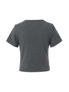 Korean Minimalist Preppy Style Niche Color Block Design Round Neck Summer Slimming 2 In 1 Fitted Short Sleeve T-Shirt Crop Top For Women - Grey - View 7