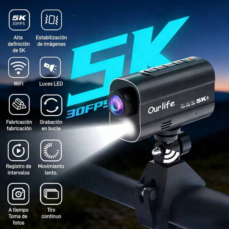 Cámara de acción 5K a 30 FPS con estabilización de imagen, WiFi, luces LED, grabación en bucle, cámara deportiva para moto, bicicleta y actividades al aire libre - Negro - Ver 1