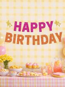 1pc Pink And Orange Glitter Happy Birthday Banner With Gold Stars, Bright Color Birthday Party Garland, Suitable For Girls And Women, Summer Birthday Party Decoration, Photo Backdrop, Dessert Table Party Supplies - Hot Pink Orange - View 6