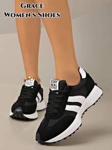 Women's Flat Casual Sports Shoes, Retro Lace-Up Shoes, Lightweight Minimalist Fitness Walking Sneakers, Suitable For All Seasons - Black - View 4