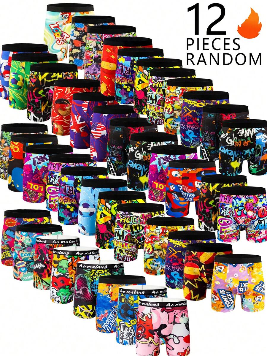 12-Pcs Men's Digital Print Pattern Long Boxer Briefs, Comfortable High Elasticity Long Boxer Briefs, Novel Men's Underwear, Cycling Underwear - Multicolor - View 1