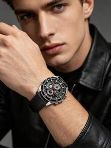 1pc Quartz Wristwatch With Leather Strap - Black - View 12