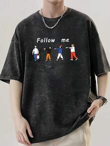 Camiseta de Cuello Redondo para Hombre, Estampado de Personaje de Dibujos Animados "Follow Me Letter", Manga Caída, Estilo Vintage, Algodón Puro Lavado, de Alta Calidad, Gruesa, Oversize, co - Negro - Ver 6