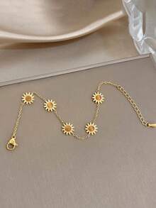 1Pc/Set Golden Stainless Steel Flower Sun Tiger Eye Bead Bracelet + Wavy Zirconia Stackable Chain For Women,Daily/Boho/Party,Mom Gift,Valentine Birthday - Multicolor - View 8