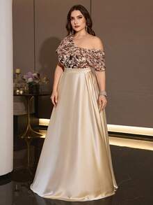 XUIBOL Elegant Plus Size Asymmetrical Sequin Satin Evening Gown, Off-Shoulder Formal Dress, Flared Skirt, Women - Champagne - View 5