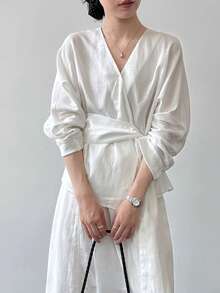 Elegant Fashion Asymmetrical Hem Tie-Front Blouse - White - View 4