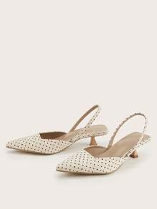 Women's Polka Dot Kitten Heel Shoes, Elegant Pointed Toe High Heels, Fashion Ankle Strap Open Back High Heels (Random Cut) - Apricot - View 4