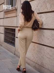 ROSIE POPHUB Women Apricot Elegant High Waist Pleated Straight Leg Pants Single Button Slim Fit Office Work Trousers For Daily Commute Fall Winter - Apricot - View 3