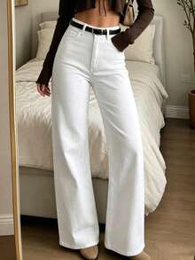 High Waist Washed Stretch Straight Leg Jeans, Casual Comfortable Daily Streetwear White Fall - White - View 5