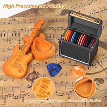 Caja almacenamiento púas guitarra diseño 3D vintage, tapa abatible, incluye púas surtidas para músicos - Altavoz negro con tapa abatible + guitarra de madera - Ver 8