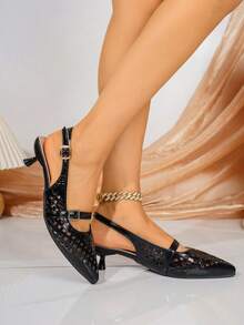 Shiny Rhinestone Bow Silver Elegant Pointed Toe Slimming Women's High Heel Slip-On Slouchy Chunky Heel Pumps - Black - View 4