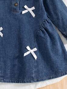 Baby Girls' Fashion Bow Collar Faux Pocket Half-Placket Long Sleeve Denim Dress - Dark Wash - View 5
