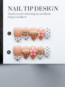 10 Pieces Of 100% Handmade White French Polka Dots, Each With A Unique Handmade Floral Gradient Surround Design. Reusable Handmade Fake Nails, Suitable For Women And Girls To Wear At Holiday Gatherings. Including 1 Nail File And 1 Piece Of Jelly Glue Handmade Press On Nails - Multicolor - View 12
