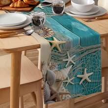 Polyester Table Runner, 2D Flat Printing Blue Starfish Seashell Coral Texture Pattern & Rustic Teal Wood Grain Fishing Net Beach Seashell Starfish Print, Heat Resistant Washable Table Decor Runner For Summer Nautical Table Decoration - Multicolor - View 9
