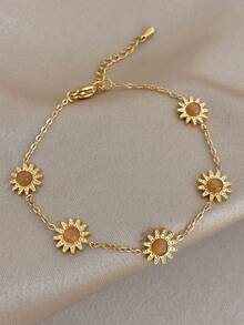1Pc/Set Golden Stainless Steel Flower Sun Tiger Eye Bead Bracelet + Wavy Zirconia Stackable Chain For Women,Daily/Boho/Party,Mom Gift,Valentine Birthday - Multicolor - View 9
