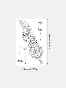 1件裝清新黑色線條蓮花海娜點綴垂直花卉圖案臨時紋身貼紙，逼真假紋身設計，適合日常、單身派對小禮物、音樂節、遊戲、畢業禮物，可維持3-5天 - 黑色 - 查看 6