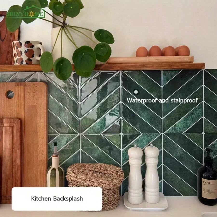 shiny home 3D Dark Green Peel & Stick Tile Backsplash Panels, Self-Adhesive Wall Splashbacks For Kitchen & Bathroom, Size 11.4" X 9", 10 Sheets / 30 Sheets Available - Dark Green Diagonal Stripe - View 1