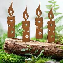 4pcs Freestanding Candle Silhouette Outdoor Decor, Rustic Metal Rusted Candle Silhouette: Metal Rusted Five-Petal Flower Candle Silhouette Christmas Garden Metal Decorative Stake, Suitable For Outdoor Yard Art, Lawn Decoration, Indoor Bonsai - 4pcs - View 1