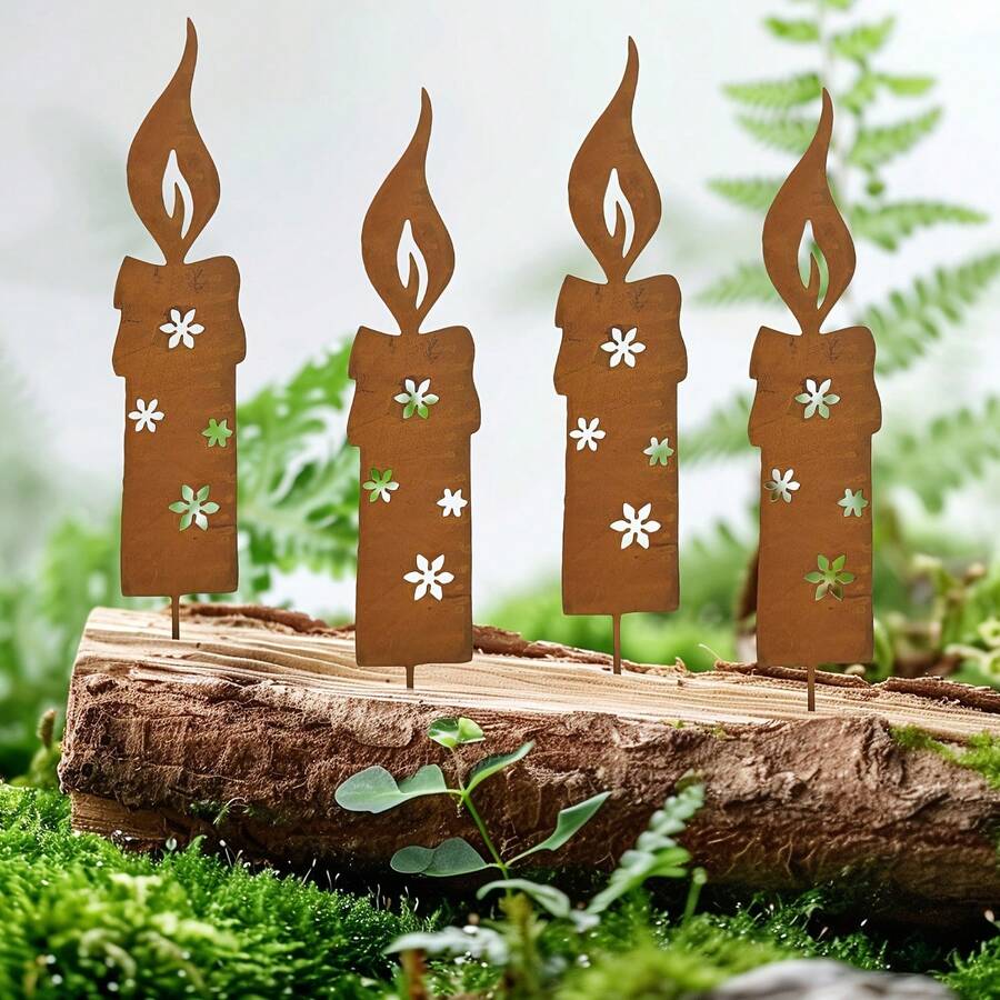 4pcs Freestanding Candle Silhouette Outdoor Decor, Rustic Metal Rusted Candle Silhouette: Metal Rusted Five-Petal Flower Candle Silhouette Christmas Garden Metal Decorative Stake, Suitable For Outdoor Yard Art, Lawn Decoration, Indoor Bonsai - 4pcs - View 1