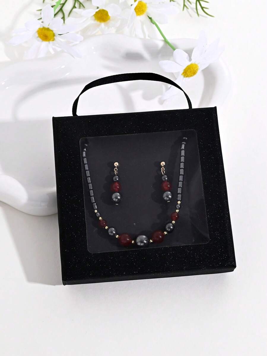 Jewelry Gift Set/1 Pair Earrings + 1 Necklace Premium Black Onyx Beaded Earrings & Necklace Suitable For Women's Party Wear Excellent Gift Choice With Gift Box - Jewelry Set - View 1