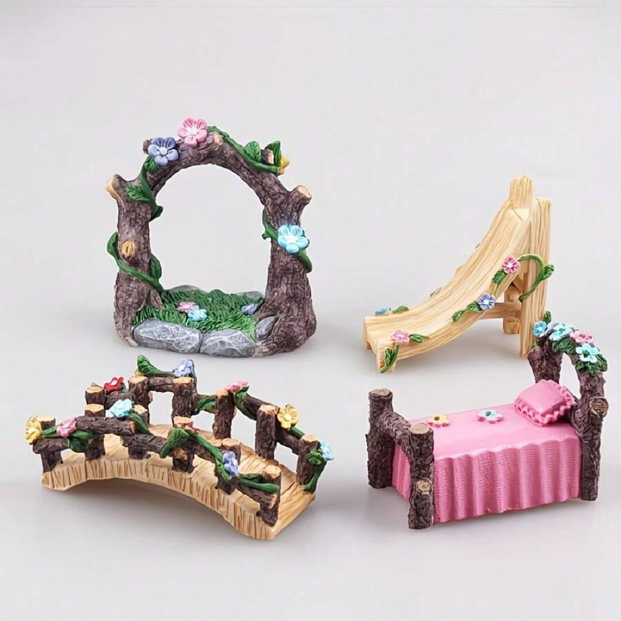 1pc Arch Bridge Sliding Window Micro Landscape Decoration, Mini Slide, Flower Bed And Arch Bridge, Resin Craft, For Fish Tank Scenery, Fairy Garden, Garden Decor, DIY Micro Landscape And Dollhouse Decoration - Multicolor - View 1
