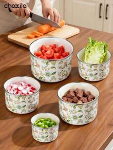 choxila 3/5pcs Nested Storage Bowl Set With Lids, Mixing Bowl Set, Floral Print Enamel Ice Cream Salad Vegetable Prep Bowls, Metal Prep Bowls, Suitable For Baking, Meal Prep, Cooking And Food Serving - View 8