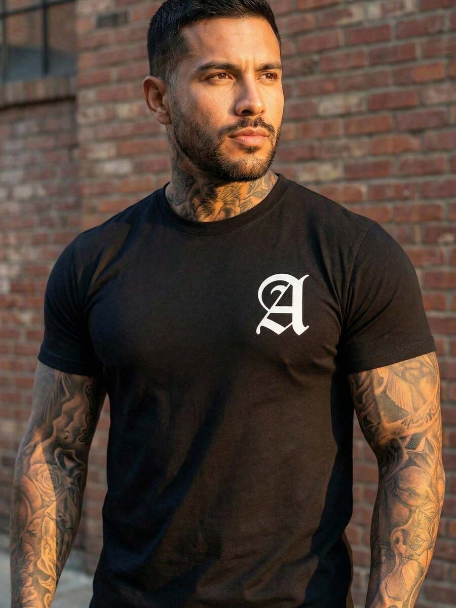 Camiseta de Hombre - Estampado casual pequeño Tejido de Poliéster Suave y Transpirable, Cuello Redondo para Atuendo Casual y Regalo primavera verano n - Schwarz - Übersicht 1